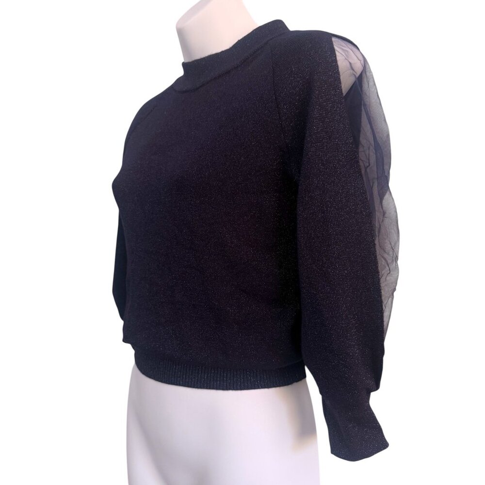 Midnight Blue Sparkle Knit Sheer Sleeve Top NWT | S - Picture 4 of 9